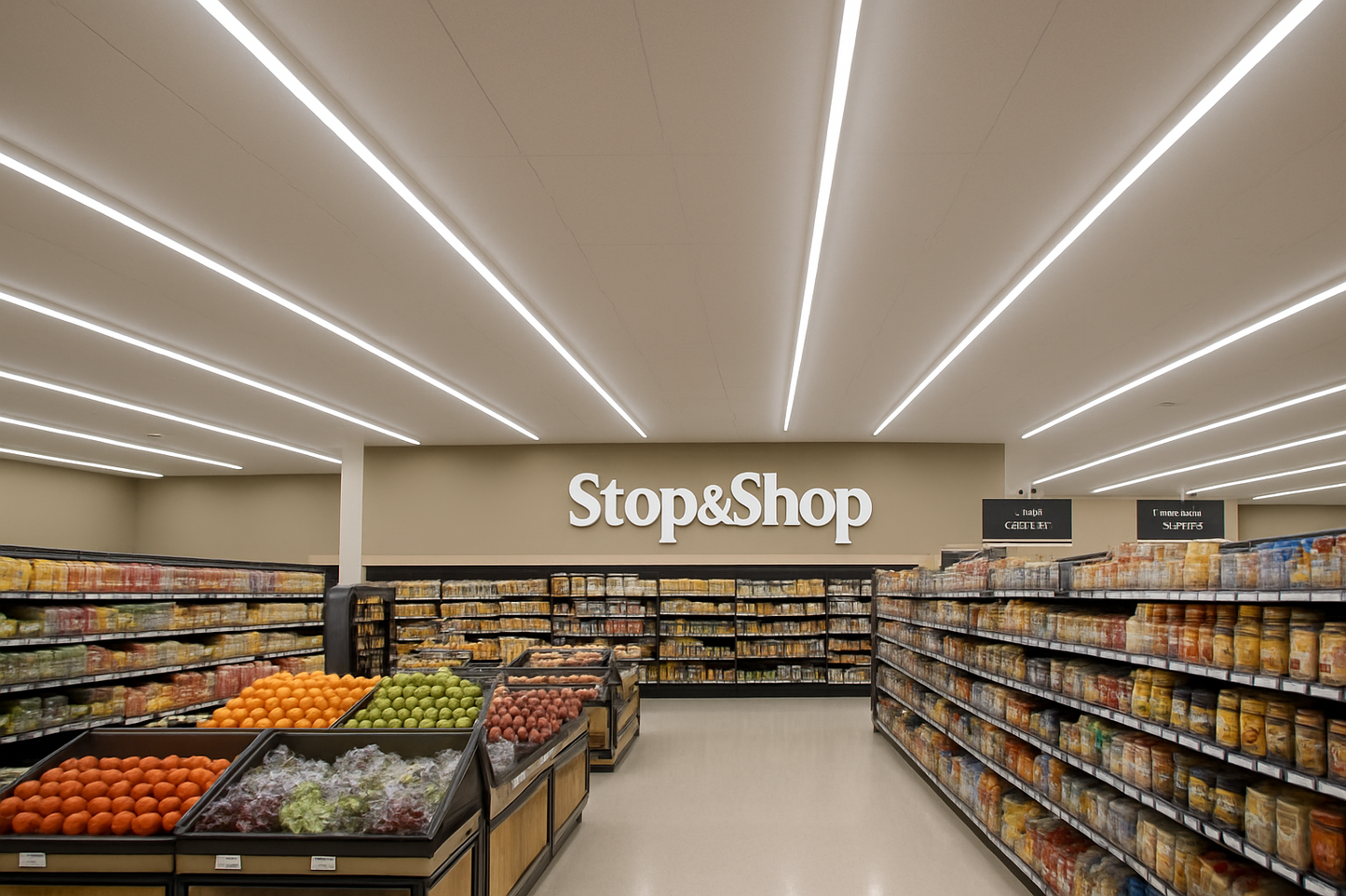 no, remove the signs from the ceiling, add this link image as the linear lights for the store https://img.imageboss.me/gllite/cover:contain/1000x1000/2024/12/2FT-A.png