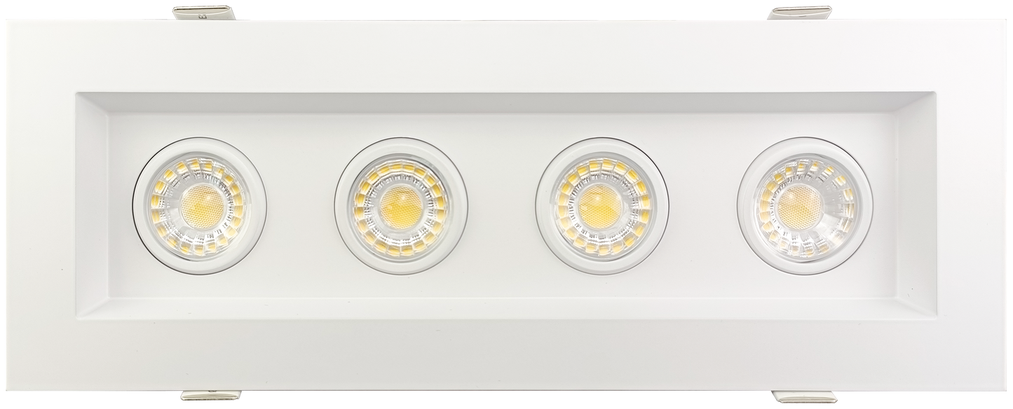 White rectangular LED ceiling light fixture with four circular lights on a white background, Multiple Multi
