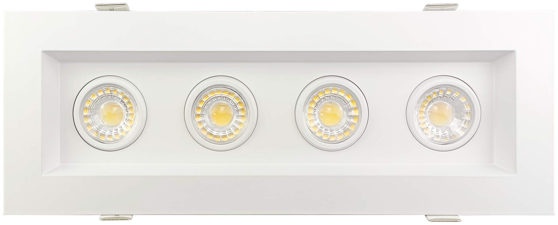 White rectangular LED ceiling light fixture with four circular lights on a white background, Multiple Multi