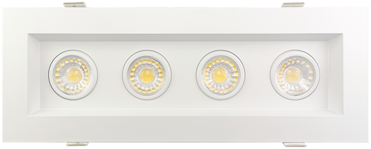 White rectangular LED ceiling light fixture with four circular lights on a white background, Multiple Multi