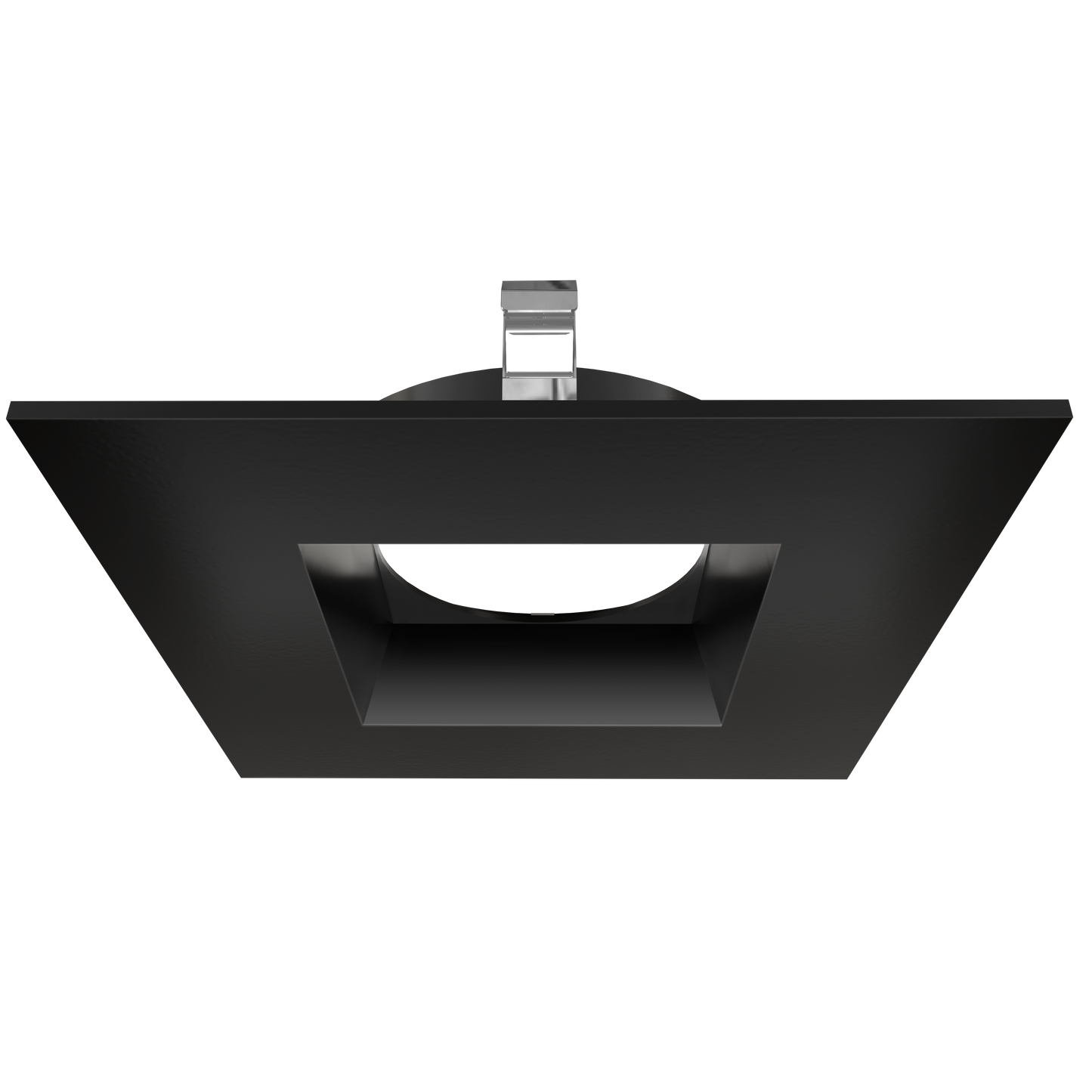 Black square recessed light fixture on a white background retrofit 4 inch