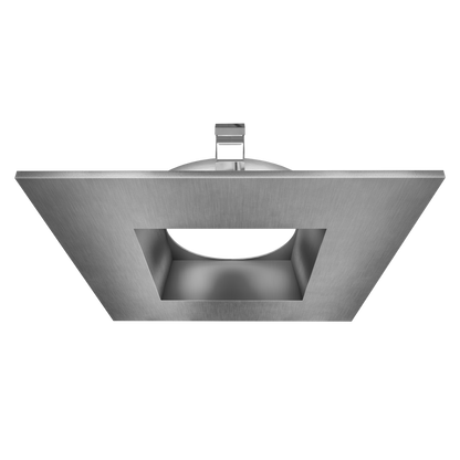 Square metallic recessed light fixture on a white background