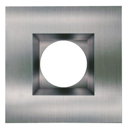 Metallic square light fixture with a circular cutout on a white background brushed nickel