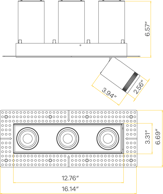 3” Triple Head Retractable Trimless Multiple Black