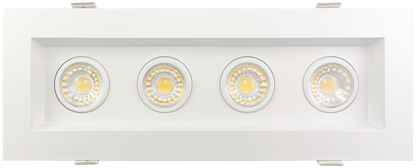 White rectangular LED ceiling light fixture with four circular lights on a white background, Multiple Multi